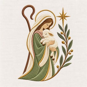 Può includere: Un ricamo raffigurante una figura con una veste verde e crema che tiene in braccio un piccolo agnello bianco. Un bastone da pastore marrone si trova dietro, con un'aureola dorata sopra la testa e una stella dorata con rami d'ulivo a lato.