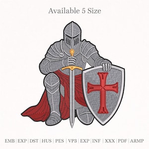 Peut inclure: Motif brodé d'un chevalier agenouillé en armure argentée, tenant une épée et un bouclier avec une croix rouge. Le chevalier porte une cape rouge. Le texte en haut indique "Available 5 Size".