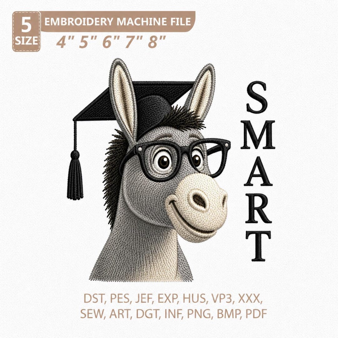 Smart Donkey Embroidery Design, Graduation Donkey With Glasses, Funny ...