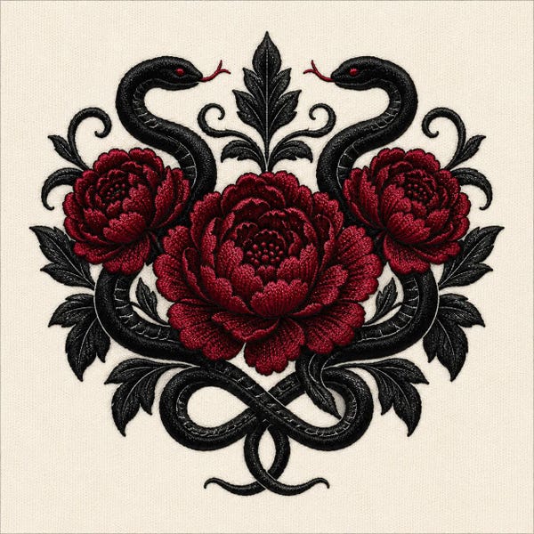 Disegno per ricamo gotico con serpente e peonia, file per ricamo a macchina vittoriano con serpenti gemelli e motivi floreali scuri (download digitale)