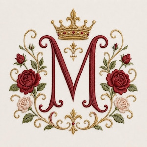 Puede incluir: Un diseño de bordado que presenta una letra M grande de color rojo oscuro centrada bajo una corona dorada. La letra está flanqueada por arreglos florales simétricos de rosas rojas y rosa pálido con hojas verdes, enredaderas doradas y flores de lis.