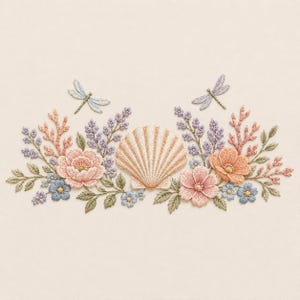 Broderidesign med snäckskal och blommor, maskinbroderi med kustsnäckor och vildblommor (digital fil)