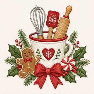 Peut inclure: Un mug blanc orné d'un cœur rouge et d'un flocon contient un fouet en métal, une spatule rouge avec un flocon et un rouleau à pâtisserie en bois. L'ensemble est entouré d'un bonhomme en pain d'épices, d'un nœud rouge, d'un bonbon et de houx.