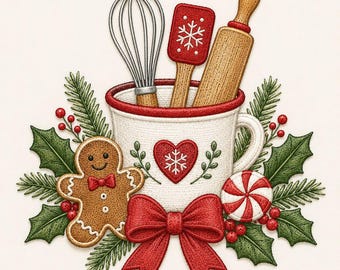 May include: A white mug with a red heart and snowflake design contains a metal whisk, a red spatula with a snowflake, and a wooden rolling pin. It is surrounded by a gingerbread man, a red bow, a peppermint candy, and green holly leaves.