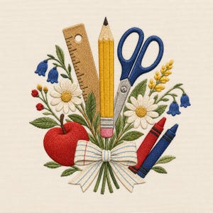 Könnte beinhalten: Ein Stickmotiv mit einem Holzlineal, einem gelben Bleistift, einer blauen Schere, einem roten Apfel, einem roten Wachsmalstift, einem blauen Wachsmalstift, weißen Gänseblümchen, blauen Glockenblumen und gelben Zweigen, zusammengebunden mit einer Schleife.