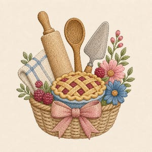 Diseño de bordado de cesta para tartas, cesta para hornear con rodillo y flores, archivo de bordado a máquina estilo granja (descarga digital)