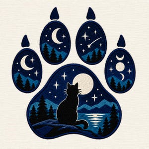 Può includere: Un disegno ricamato a forma di impronta di zampa con cinque sezioni distinte. I quattro cuscinetti più piccoli raffigurano scene notturne con luna crescente, stelle e fasi lunari sopra pini. Il cuscinetto grande mostra la sagoma di un gatto.