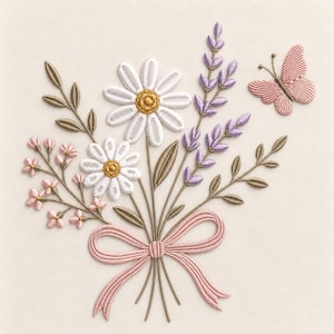 Floral Bouquet Embroidery Design, Daisy Lavender Butterfly Embroidery File, Pink Bow Flower Digital Download