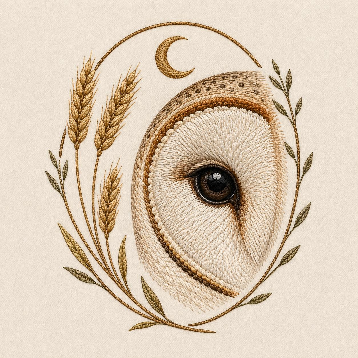 Boho Owl Eye Embroidery Design, Moon & Wheat, Rustic Woodland Botanical Machine Embroidery File 
