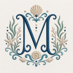 Broderidesign med kustbokstavsmonogram, snäckskal, sjöstjärna och strandalfabet (digital nedladdning)