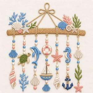 May include: A decorative wall hanging featuring embroidered nautical elements suspended from a textured horizontal bar. The design includes a sea turtle, dolphin, sailboat, seahorse, anchor, various seashells, starfish, coral, and seaweed in blue, pink, green, and white.