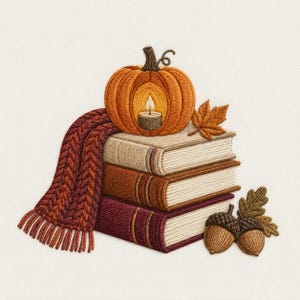 May include: An embroidered design featuring a stack of three books in cream, brown, and burgundy. A carved orange pumpkin with a lit candle inside sits on top. A textured, fringed burgundy scarf drapes over the side, with an oak leaf and two acorns.