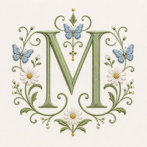 Peut inclure: Une lettre M brodée en vert sauge, entourée d'une couronne florale symétrique composée de marguerites blanches à cœur jaune, de tiges feuillues vertes et de trois papillons bleu clair aux ailes détaillées placés en haut et sur les côtés.