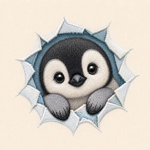 Könnte beinhalten: Ein gestickter Aufnäher mit einem Pinguinbaby mit schwarz-weißem Gefieder, das durch eine gezackte, hellblaue und weiße kreisförmige Öffnung schaut. Das Design verwendet detaillierte Stiche, um eine texturierte Darstellung des Gesichts zu erzeugen.