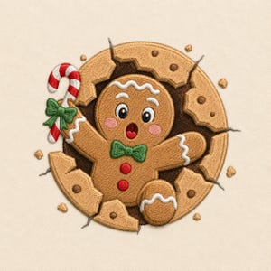 Puede incluir: Un parche bordado que muestra a un hombre de jengibre marrón emergiendo de una galleta circular agrietada. El personaje tiene una expresión de sorpresa, una pajarita verde, dos botones rojos y sostiene un bastón de caramelo a rayas rojas y blancas.