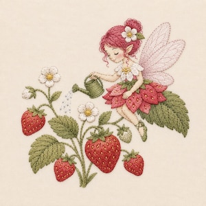 Peut inclure: Une broderie représentant une fée aux cheveux roses et aux ailes, vêtue d'une jupe à motif de fraises, tenant un petit arrosoir vert. La fée arrose un fraisier avec des fraises rouges, des feuilles vertes et des fleurs blanches.