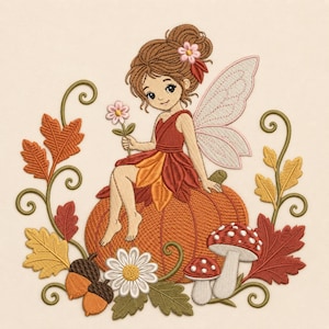 Può includere: Un disegno da ricamo raffigurante una fata con capelli castani raccolti in uno chignon, che indossa un vestito con motivo a foglie rosse e arancioni, seduta su una grande zucca arancione. La fata tiene un fiore rosa, circondata da foglie autunnali, ghiande e funghi.