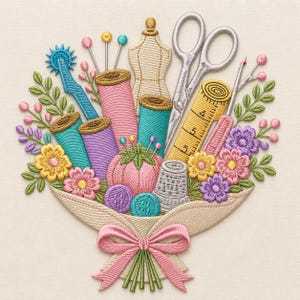 Puede incluir: Un ramo bordado de artículos de costura que incluye carretes de hilo en rosa, azul y morado, un maniquí, tijeras plateadas, una cinta métrica amarilla, un alfiletero rosa, un dedal plateado, botones y agujas, atado con un lazo rosa.