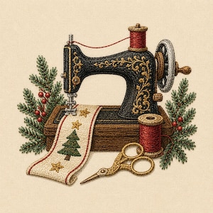 May include: An embroidered illustration of a black vintage sewing machine with gold filigree, a red thread spool, and gold scissors. A cream-colored fabric strip features a green Christmas tree and gold stars, flanked by pine branches with red berries.
