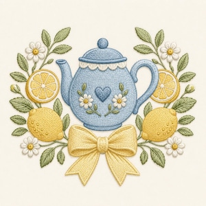 Stickmuster für eine Zitronen-Teekanne, florale Teekanne mit Schleife, Stickdatei für die Stickmaschine im Cottagecore-Stil (Digitaler Download)