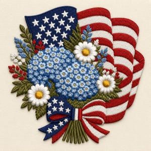 May include: An embroidered patch featuring a bouquet of blue hydrangea flowers, white daisies, and green foliage arranged with a folded American flag in the background. A decorative bow with a blue star-patterned ribbon and red-and-white stripes.