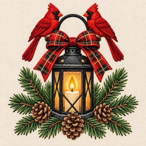 May include: An embroidered design featuring two bright red cardinals perched atop a black lantern. A red and green plaid bow sits above the lantern, which contains a lit candle. Green pine branches and three brown pinecones frame the base.