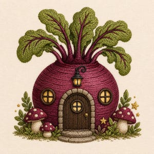 Motif de broderie Maison de fée betterave, Maisonnette de jardin fantaisiste, Maison de légumes fantastique style cottagecore (Téléchargement numérique)