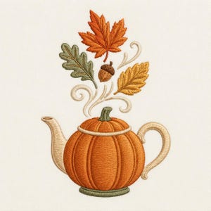 May include: An embroidery design featuring a round orange pumpkin shaped like a teapot with a cream-colored spout and handle. Above the pumpkin, swirling cream-colored steam lines rise, accompanied by a red maple leaf, a green oak leaf, and an acorn.