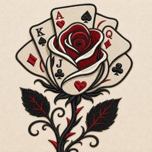 Op de afbeelding: Een geborduurde patch met een centrale rood-witte roos over een waaier van vier speelkaarten. De kaarten tonen de letters K, A, J en Q met bijbehorende symbolen. Een zwarte stengel met rode doornen en bladeren steekt aan de onderkant uit.