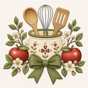 May include: An embroidered design featuring a cream-colored ceramic crock holding a wooden spoon, a metal wire whisk, and a wooden slotted spatula. The crock is decorated with red heart motifs and a large green bow, flanked by red apples and white blossoms.