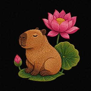 Könnte beinhalten: Ein gestickter Aufnäher auf schwarzem Hintergrund mit einem braunen Wasserschwein, das mit geschlossenen Augen sitzt. Das Wasserschwein befindet sich neben einer großen, leuchtend rosa Lotusblüte mit gelber Mitte, einer kleinen Knospe und grünen Seerosenblättern.