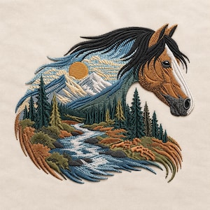 May include: An embroidered patch featuring a horse head profile filled with a landscape scene. The design includes a brown horse with a black mane, a yellow sun, blue mountains, a flowing river, and dark green pine trees on a light fabric.