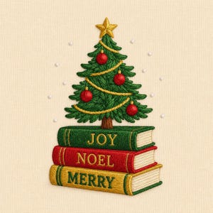May include: An embroidered design featuring a green Christmas tree with a gold star, red ornaments, and gold garland, resting on a stack of three books. The books are green, red, and gold, with the words JOY, NOEL, and MERRY stitched in gold thread.