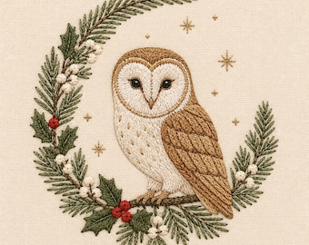 Barn Owl Christmas Wreath Embroidery Design, Woodland Winter Bird Holiday Decor, Machine Embroidery Digital File