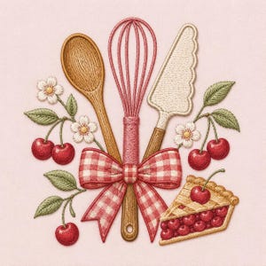 May include: An embroidery design featuring a wooden spoon, a pink wire whisk, and a cake server tied together with a red and white gingham bow. The arrangement is surrounded by red cherries, green leaves, white blossoms, and a slice of cherry pie.