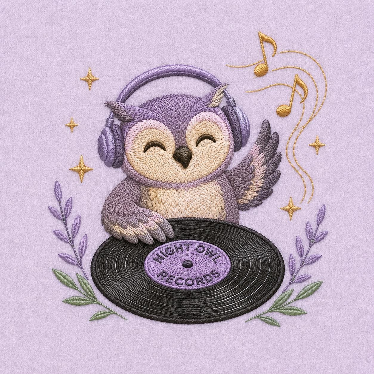 Cute Night Owl Music Embroidery Design, Owl with Headphones Vinyl Record Machine Embroidery File (Di
