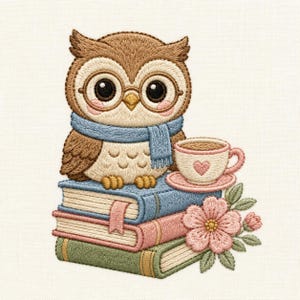 May include: An embroidered design featuring a brown owl with large eyes wearing round glasses and a blue scarf. The owl sits atop a stack of three books in blue, pink, and green. A small cream teacup with a pink heart and a pink flower are included.