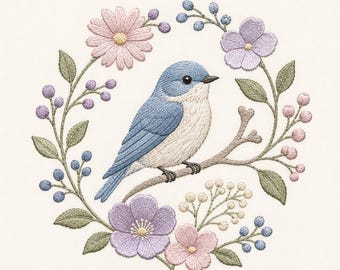 Disegno per ricamo floreale di un uccellino azzurro, uccello primaverile, fiori selvatici, botanico, stile cottagecore, file per ricamo a macchina (download digitale)