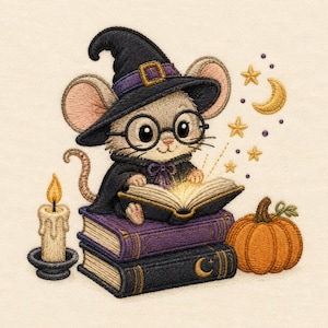 Puede incluir: Un diseño de bordado que muestra a un ratón con sombrero de bruja negro y gafas redondas, sentado sobre dos libros apilados mientras lee un libro abierto que brilla. Junto a los libros hay una vela encendida y una calabaza naranja.