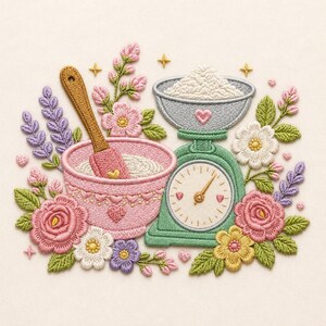 May include: An embroidery design featuring a pink mixing bowl with a wooden spatula, a green kitchen scale with a bowl of white powder, and surrounding floral elements including pink, white, yellow, and purple flowers with green leaves and small hearts.