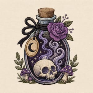 May include: An embroidered patch featuring a glass bottle with a cork stopper, containing a skull and swirling purple smoke. A purple rose, a black ribbon bow, a crescent moon tag, and two small purple mushrooms with white spots surround it.