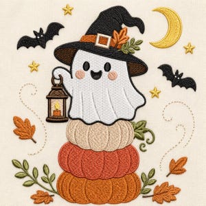 Cute Halloween Ghost Embroidery Design, Witch Hat Pumpkin Stack, Spooky Autumn Decor, Machine Embroidery (Digital File)