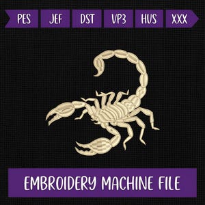 May include: An embroidery machine file featuring a detailed scorpion design in beige. The scorpion is centered on a black textured background. The text "EMBROIDERY MACHINE FILE" is in a purple banner below the scorpion.