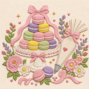 May include: An embroidery design featuring a tiered stand holding colorful macarons in pink, yellow, green, and purple. A piping bag with a pink bow sits to the right. The arrangement is surrounded by pink and white flowers, lavender sprigs, and ribbons.