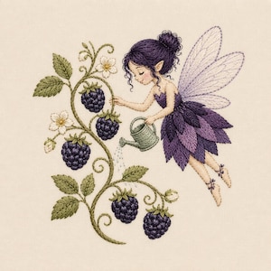 May include: An embroidery design featuring a fairy with dark purple hair and a layered purple petal dress, holding a small green watering can. The fairy is watering a winding blackberry vine with dark purple berries, green leaves, and white flowers.