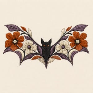 Op de afbeelding: Een borduurontwerp met een centrale zwarte vleermuis met oranje ogen, geflankeerd door symmetrische arrangementen van oranje en crèmekleurige bloemen, paarse bladeren en donkere stelen, allemaal uitgevoerd in gedetailleerd borduurwerk op een crèmekleurige achtergrond.