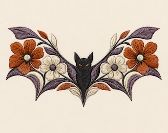 Puede incluir: Un diseño de bordado que presenta un murciélago negro central con ojos naranjas, flanqueado por arreglos simétricos de flores naranjas y crema, hojas moradas y tallos oscuros, todo realizado con un detallado trabajo de hilo sobre un fondo crema.