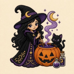 Può includere: Un disegno ricamato raffigurante un personaggio dai lunghi capelli neri con cappello e tunica da strega viola e neri, che mescola un calderone di zucca arancione intagliato con fumo viola, un gatto nero e due piccole bottiglie di vetro.