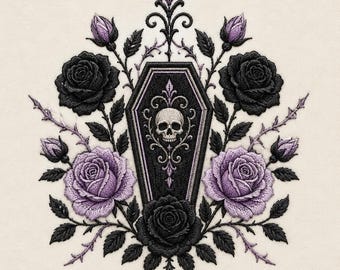 Puede incluir: Un diseño de bordado que presenta un ataúd negro central con un motivo de calavera, rodeado de rosas negras y lavanda, capullos de rosa y hojas de color verde oscuro. La disposición simétrica incluye volutas intrincadas y tallos espinosos sobre tela crema.