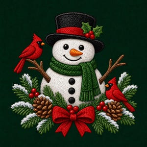 May include: An embroidered design of a white snowman wearing a black top hat with a red band, a green scarf, and three black buttons. Two red cardinal birds sit on brown twig arms, surrounded by pine branches, pinecones, red berries, and a red bow.